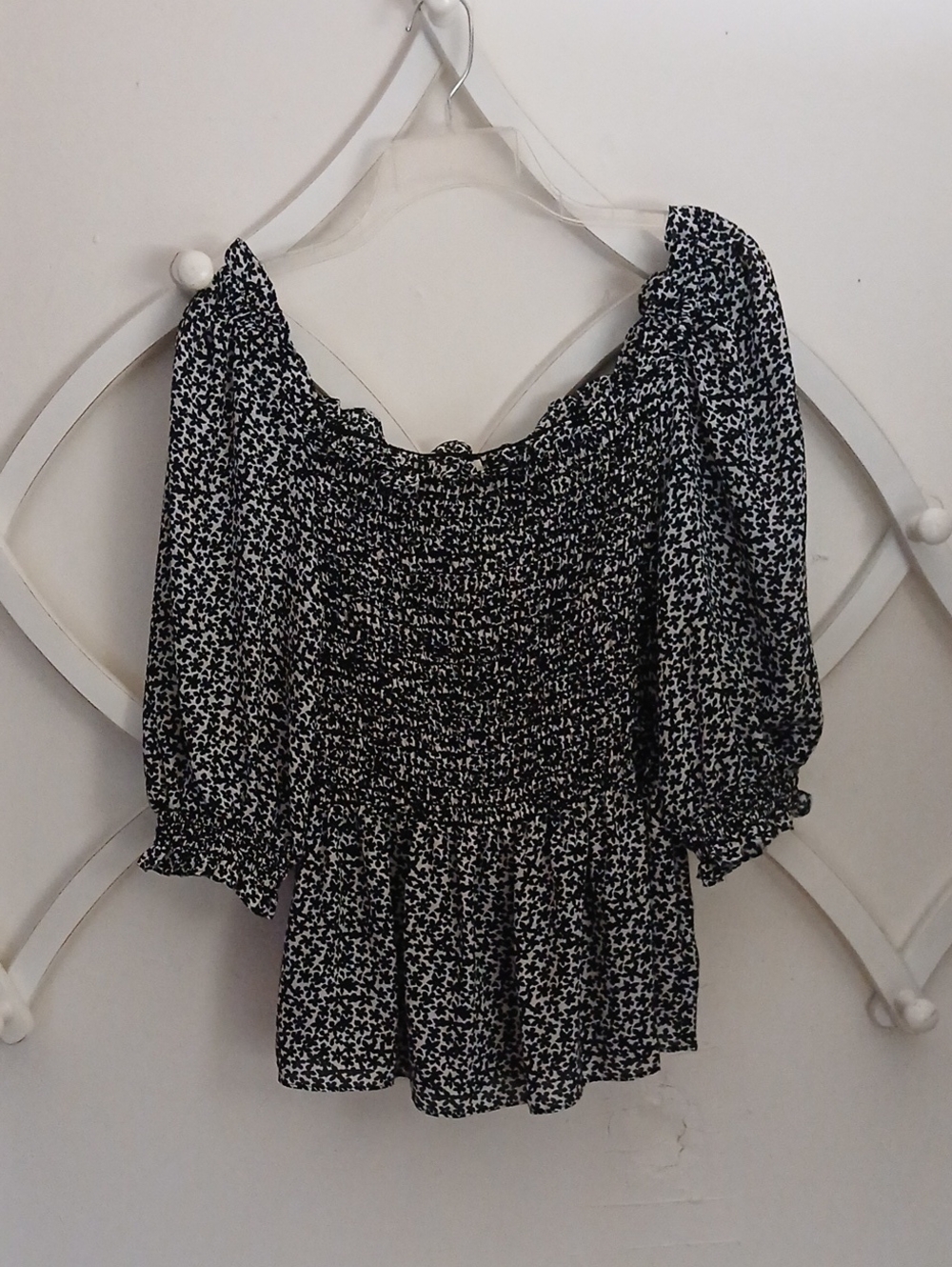 Max Studio Smocked Ruffle Square Neck Puff Sleeve Blouse Black & White Large